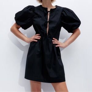 H&M Puff Sleeve Mini Babydoll Dress - Black M